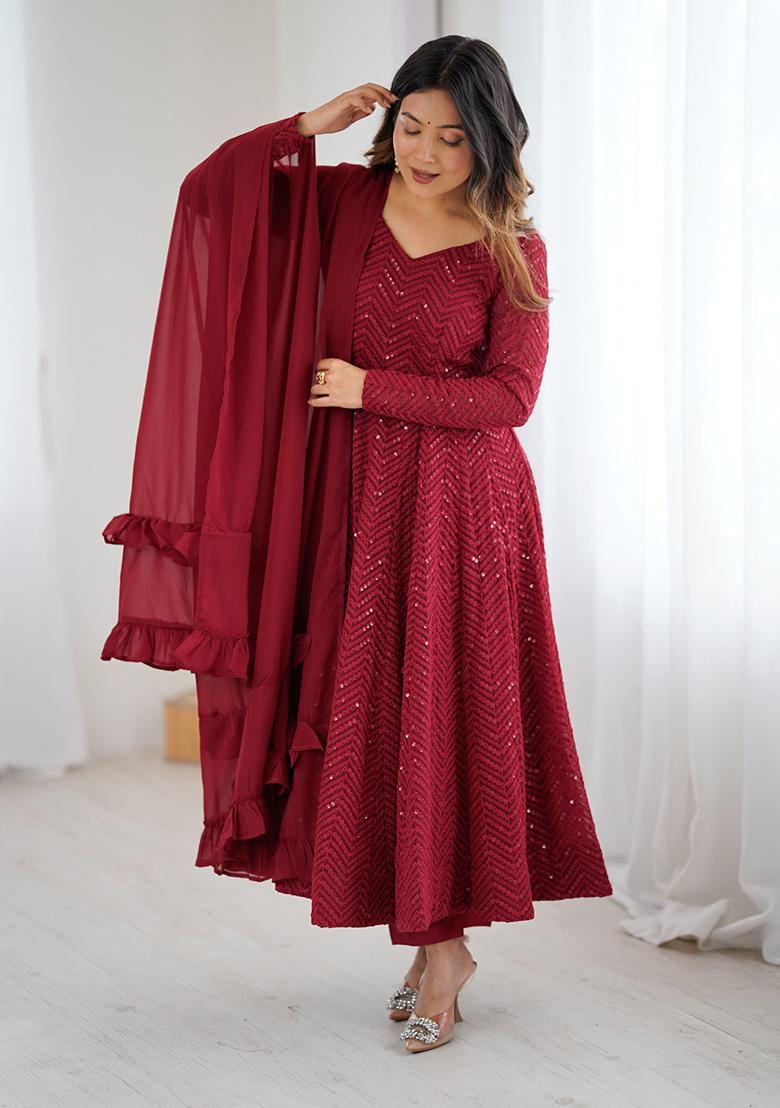 Maroon Embroidery Georgette Kurta Set - Indya