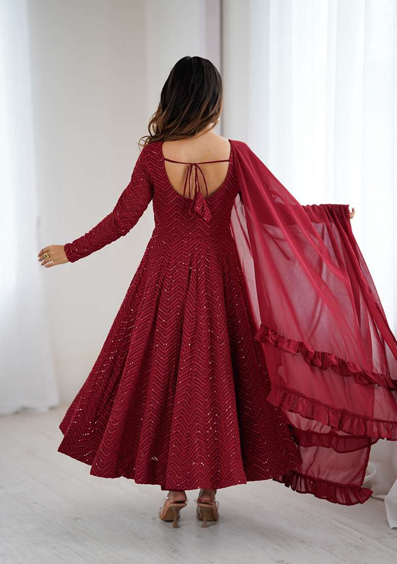 Maroon Sequin Work Georgette Anarkali Set - Indya