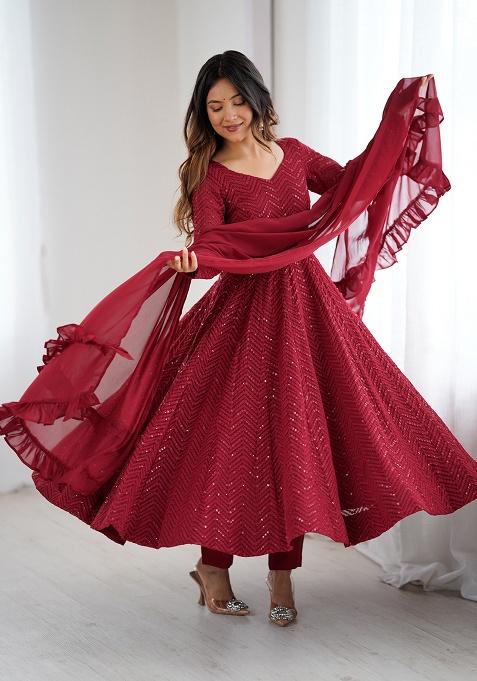 Maroon Embroidery Georgette Kurta Set