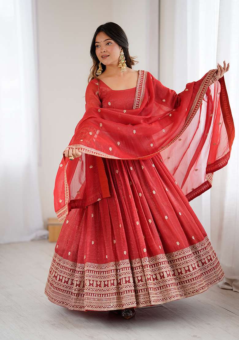 Red Embroidered Silk Blend Anarkali Set - Indya