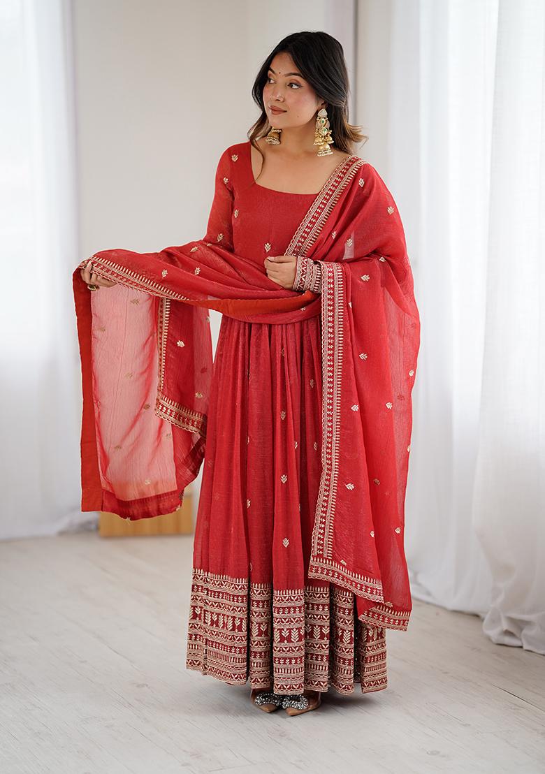 Red Embroidery Silk Kurta Set - Indya