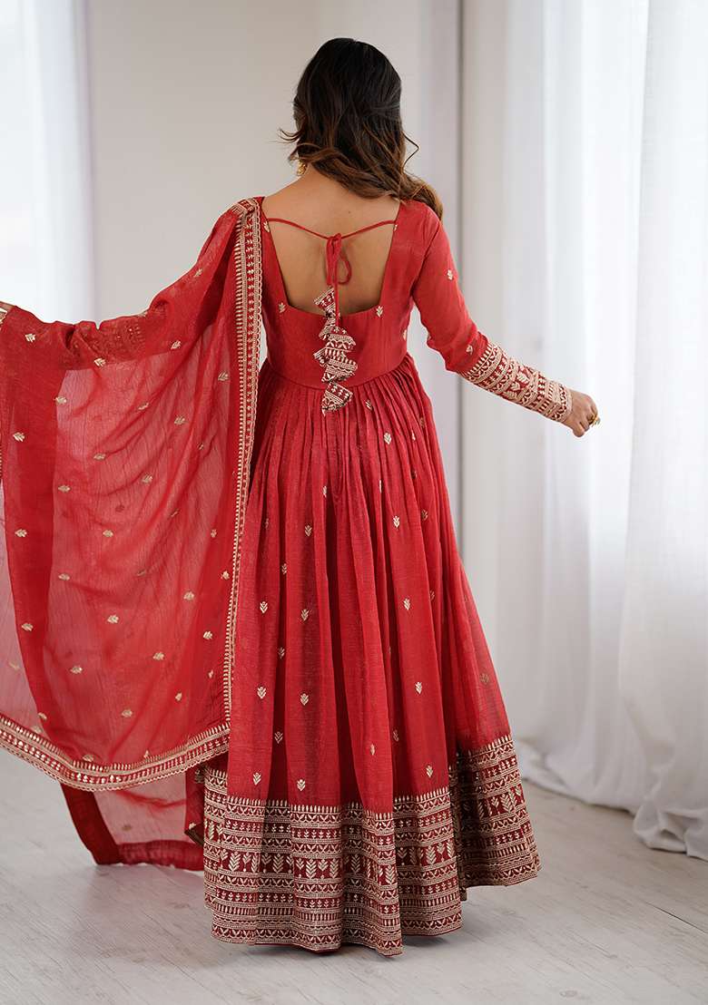 Red Embroidered Silk Blend Anarkali Set - Indya