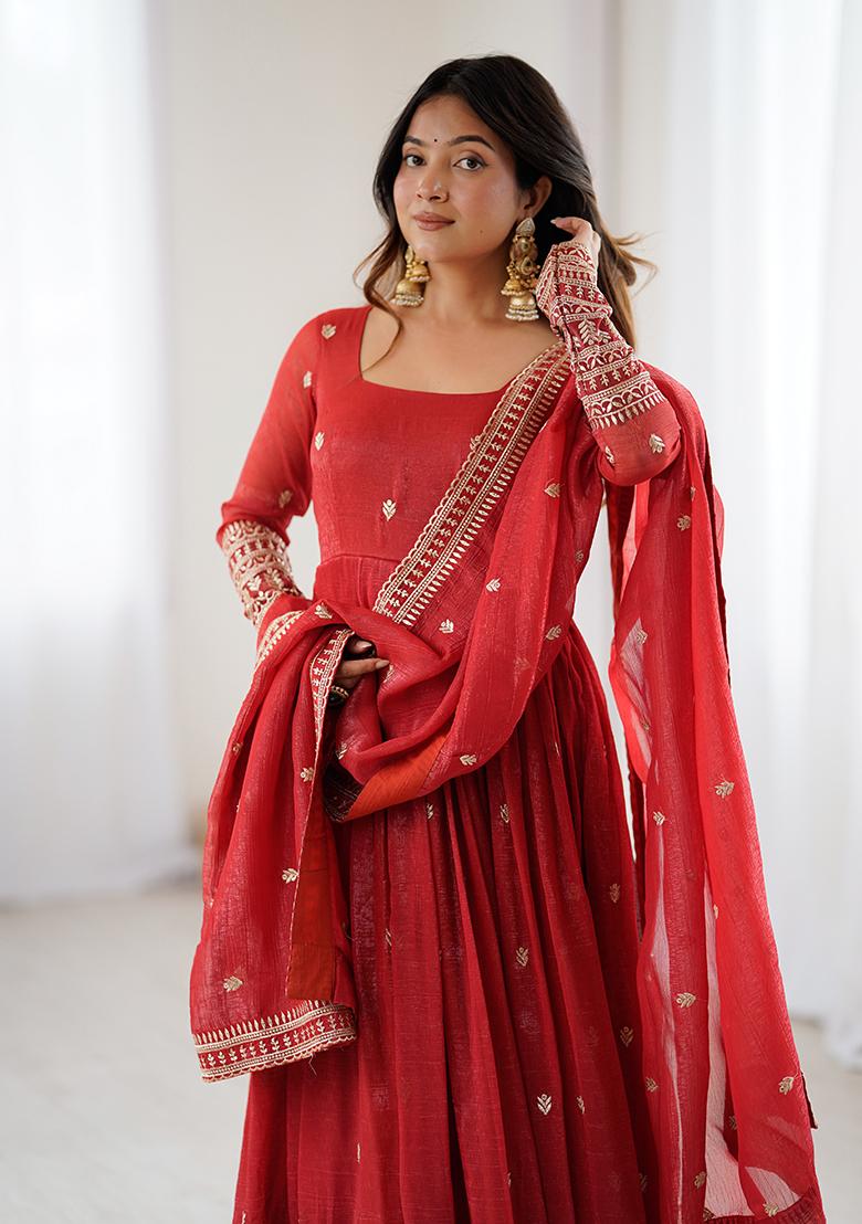 Red Embroidery Silk Kurta Set - Indya