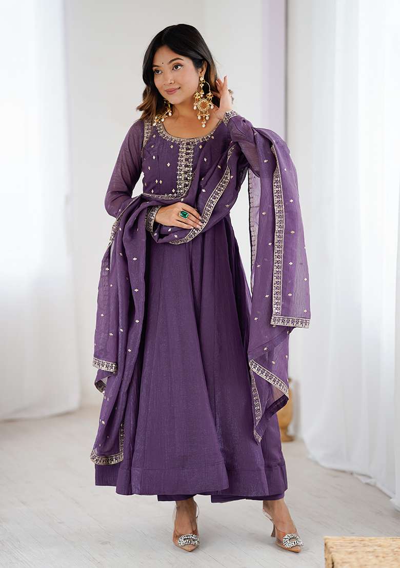 Purple Embroidered Silk Blend Anarkali Set - Indya