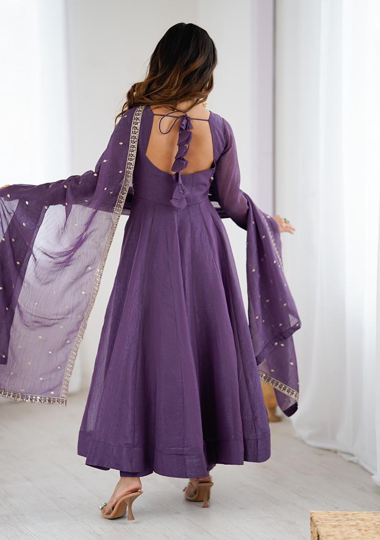 Purple Embroidery Silk Kurta Set - Indya