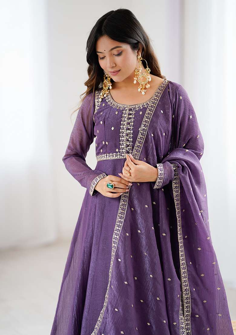 Purple Embroidered Silk Blend Anarkali Set - Indya
