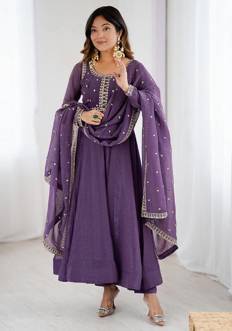 Purple Embroidery Silk Kurta Set