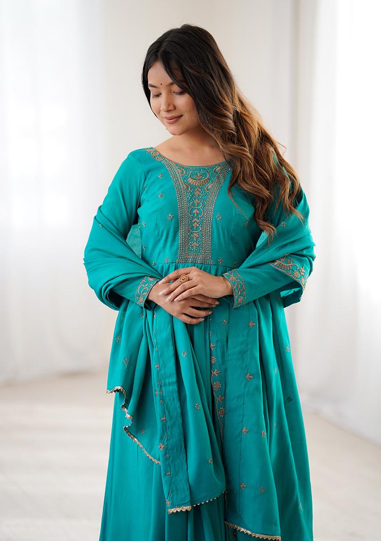 Teal Blue Embroidery Silk Kurta Set - Indya