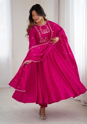 Rani Pink Embroidery Silk Kurta Set