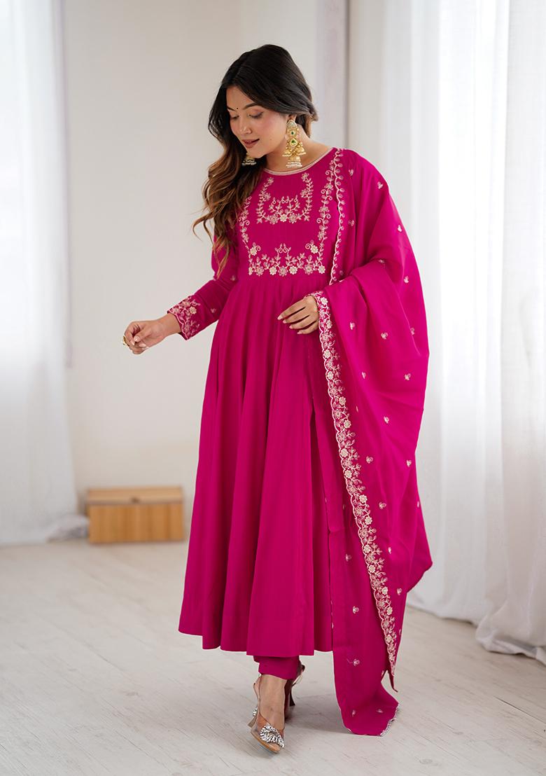 Rani Pink Embroidery Silk Kurta Set - Indya