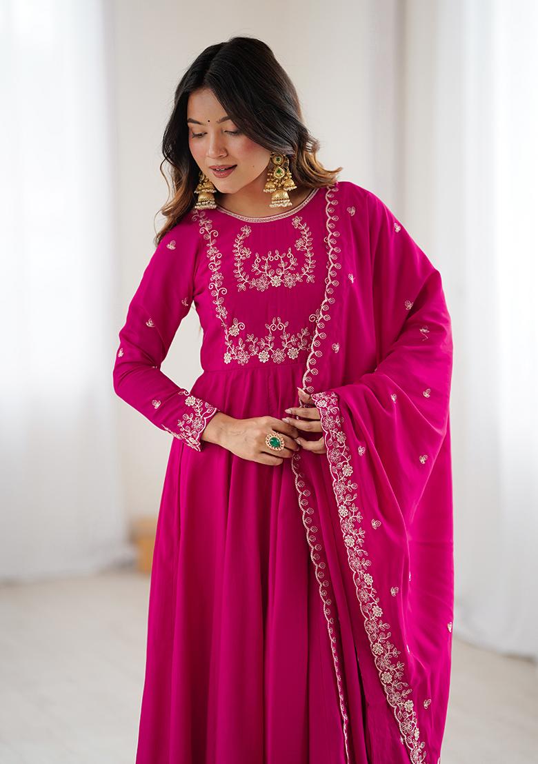 Rani Pink Embroidery Silk Kurta Set - Indya