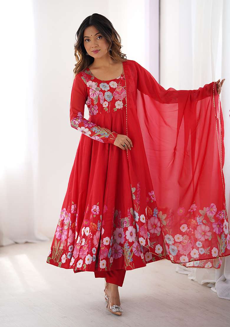 Red Embroidered Silk Blend Anarkali Set - Indya