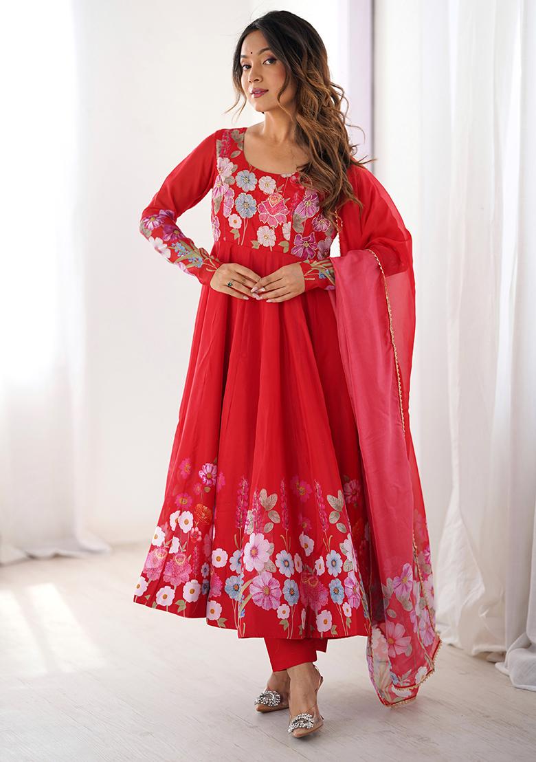 Red Hand Work Silk Kurta Set - Indya