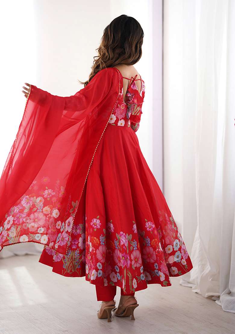 Red Embroidered Silk Blend Anarkali Set - Indya