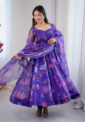 Purple Printed Organza Kurta Set