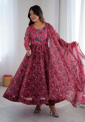 Pink Printed Organza Kurta Set