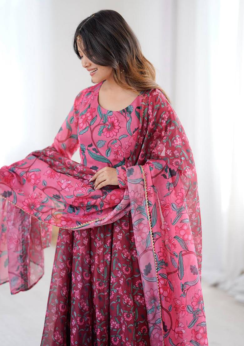 Pink Printed Organza Kurta Set - Indya