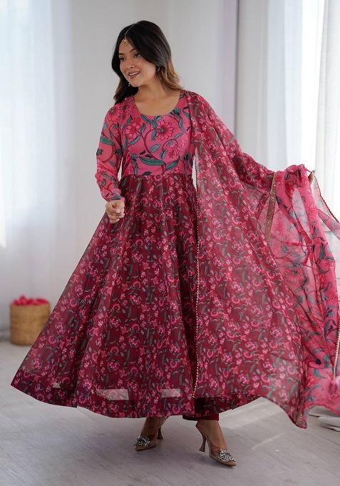 Pink Printed Organza Kurta Set
