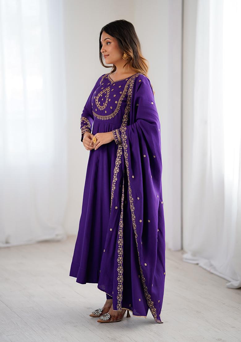 Purple Embroidery Silk Kurta Set - Indya