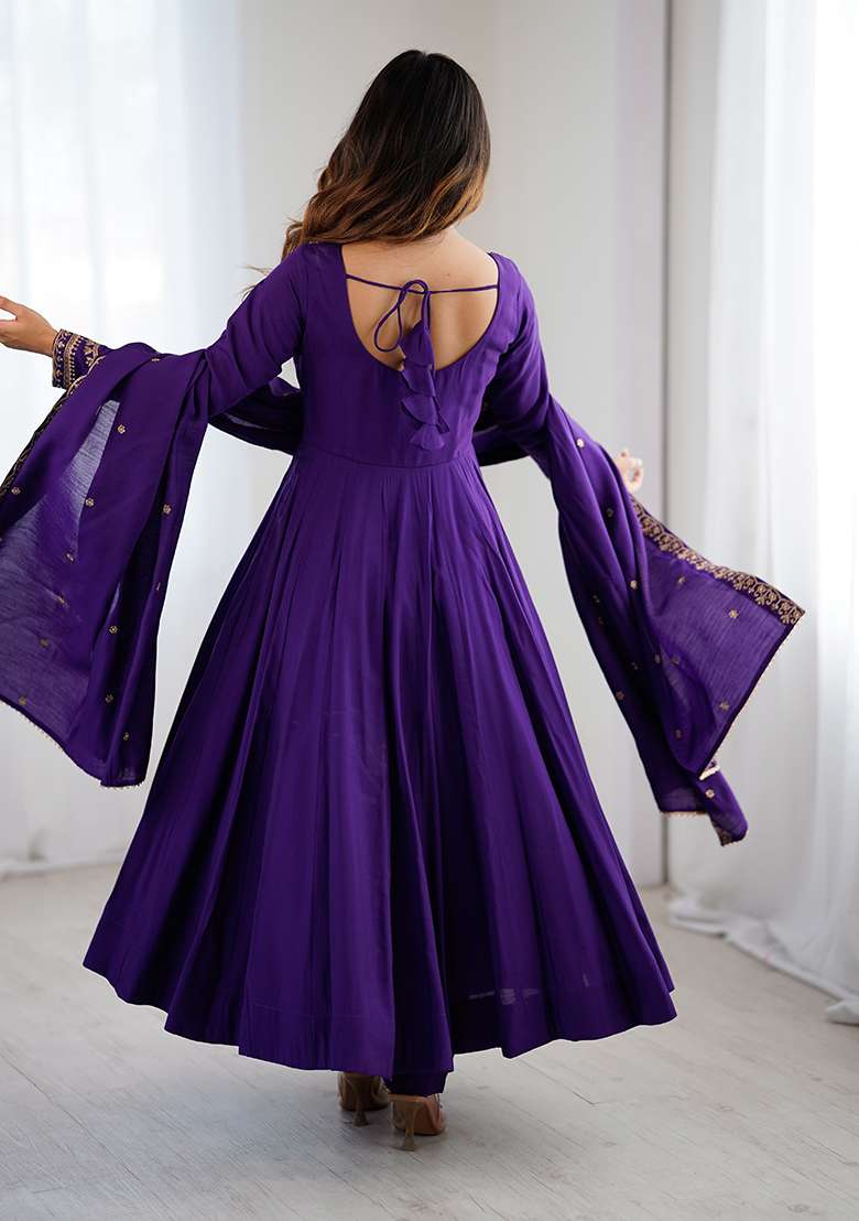 Purple Embroidered Silk Blend Anarkali Set - Indya