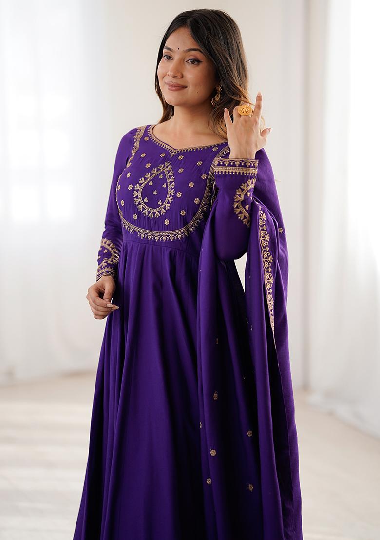 Purple Embroidery Silk Kurta Set - Indya