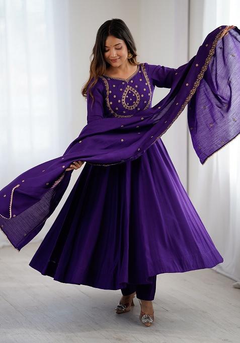 Purple Embroidery Silk Kurta Set