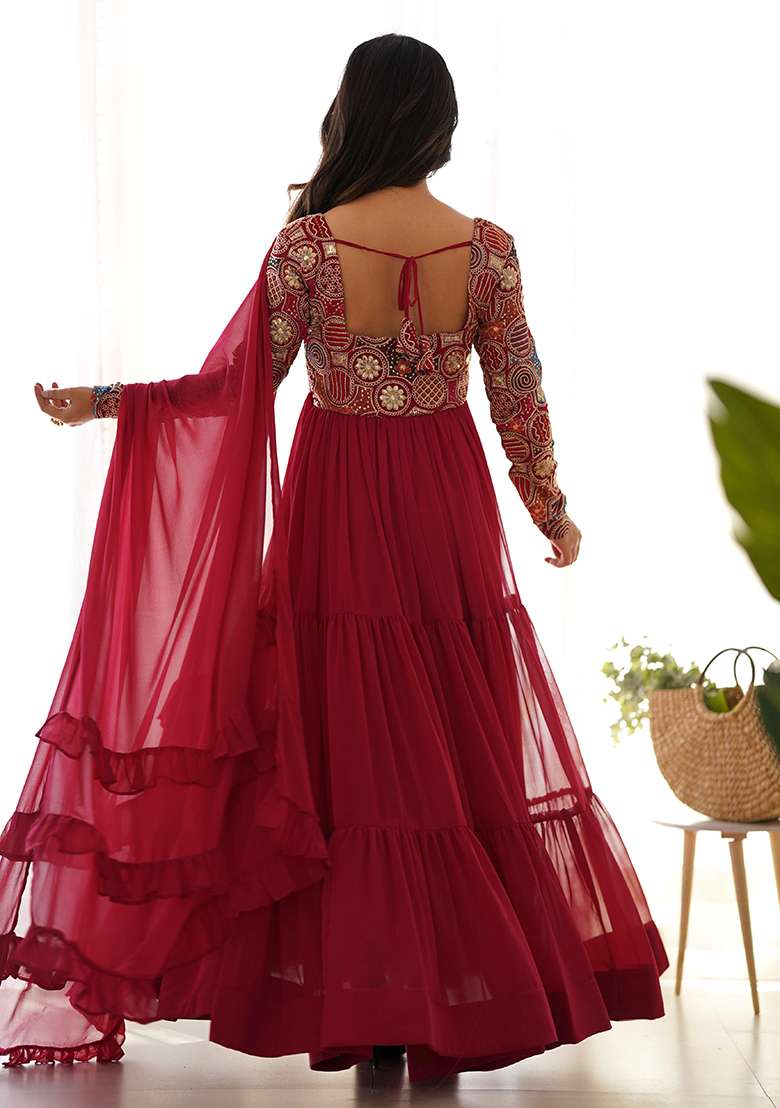 Red Embroidered Georgette Anarkali Set - Indya