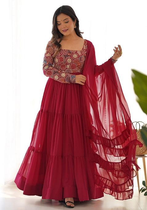 Red Embroidery Georgette Kurta Set