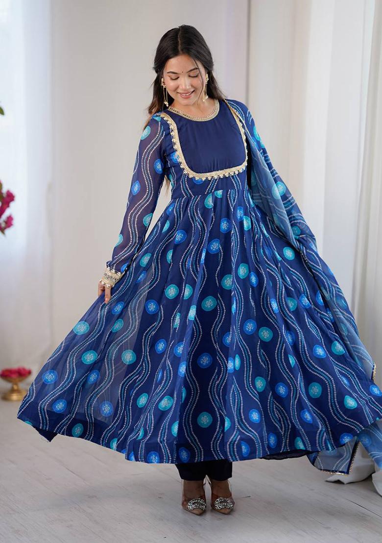 Blue Printed Georgette Kurta Set - Indya