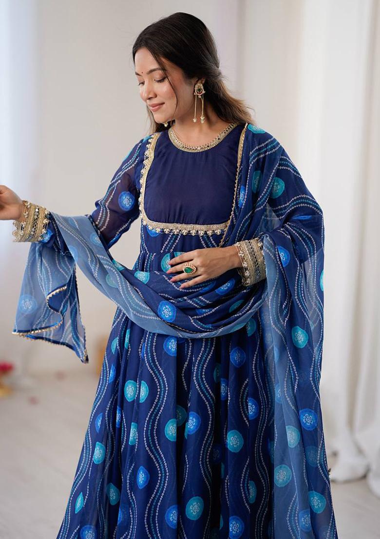 Blue Printed Georgette Kurta Set - Indya