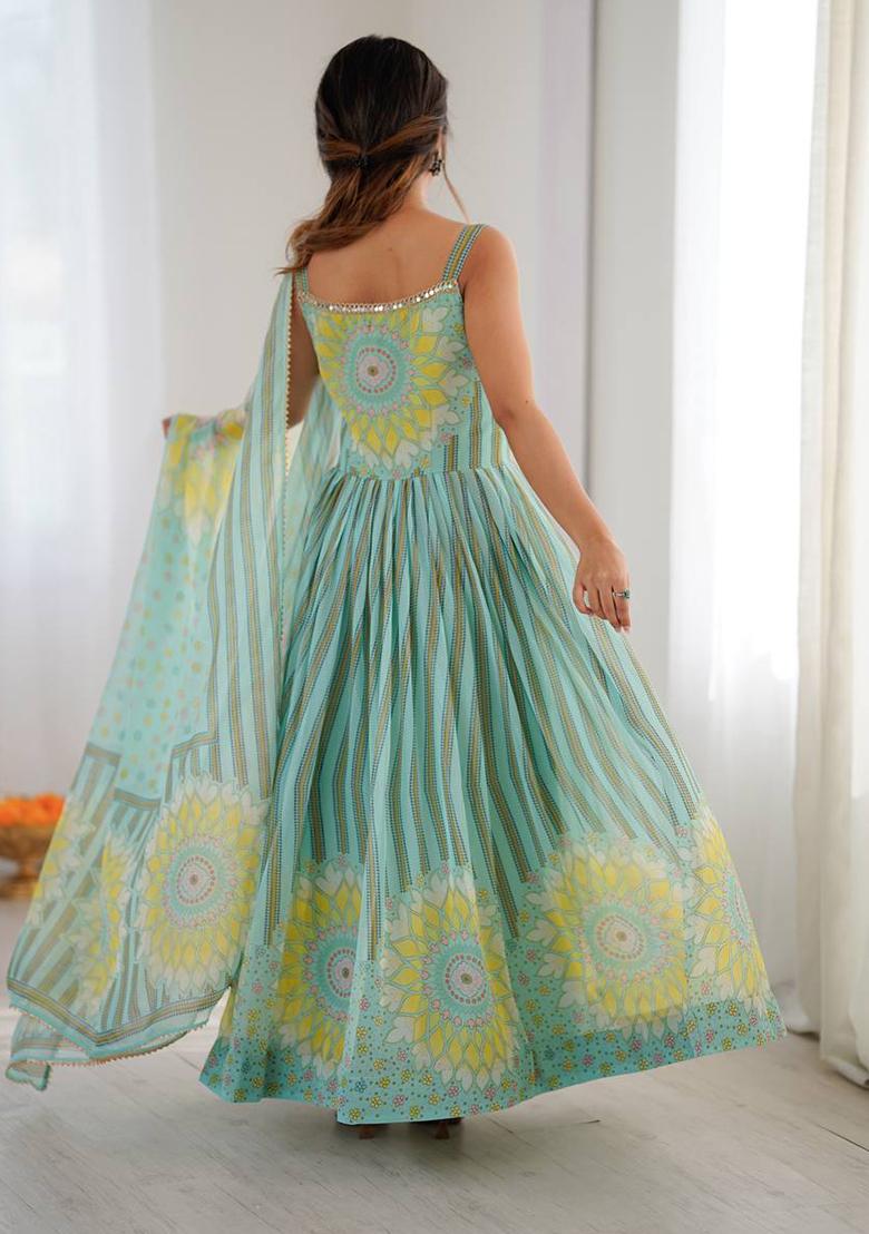 Cyan Printed Georgette Kurta Set - Indya