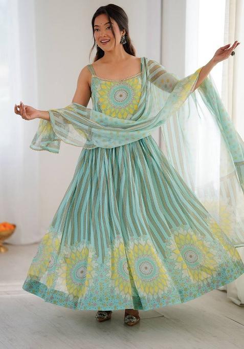 Cyan Printed Georgette Kurta Set