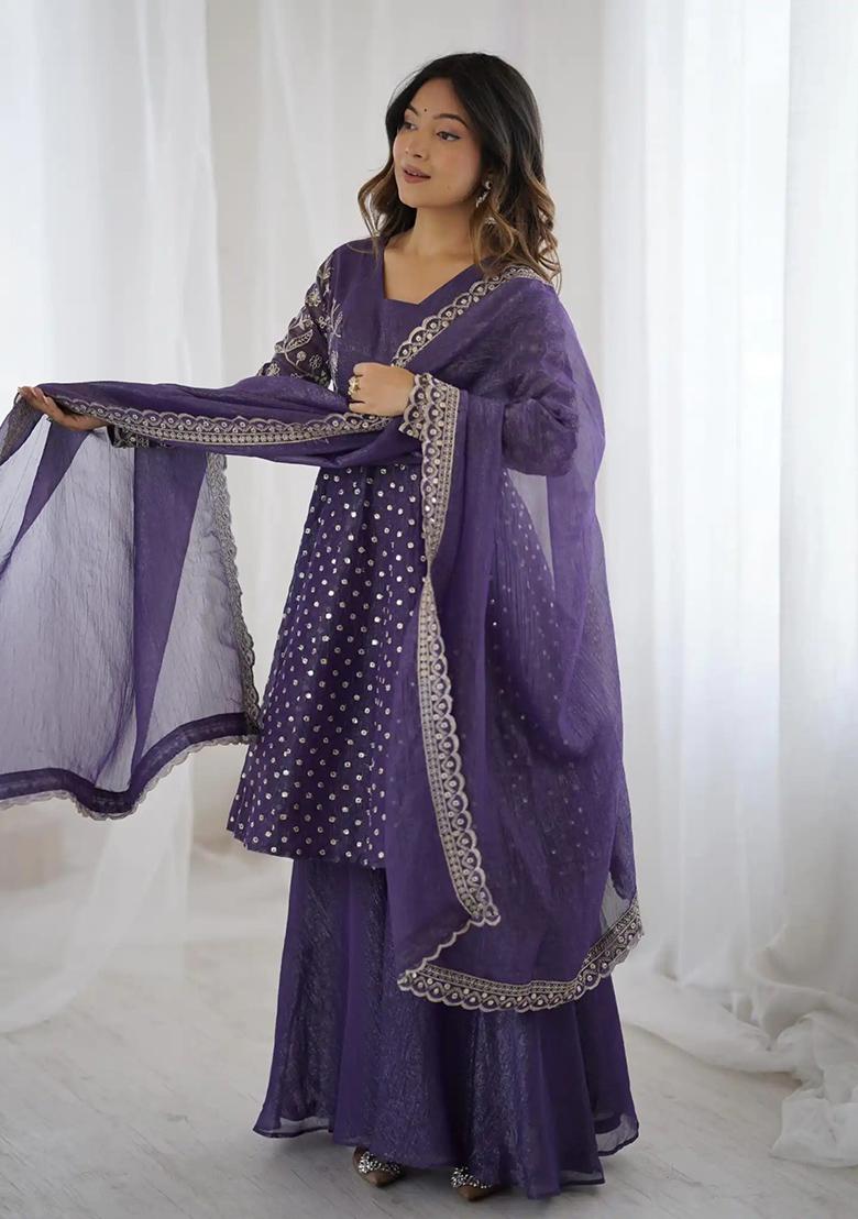 Purple Embroidery Silk Anarkali Set - Indya
