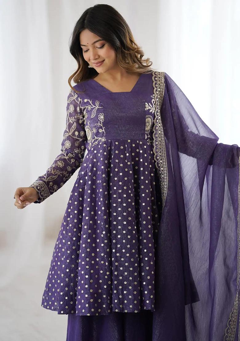 Purple Embroidery Silk Anarkali Set - Indya