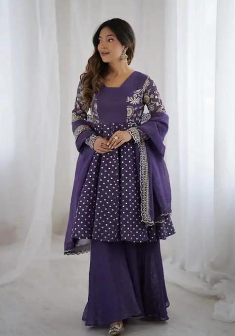 Purple Embroidery Silk Anarkali Set