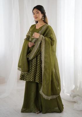 Green Embroidery Silk Anarkali Set
