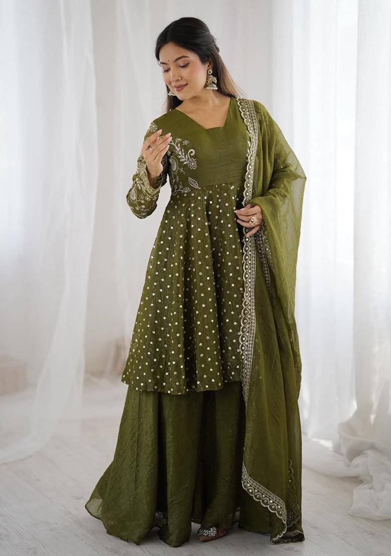 Green Embroidery Silk Anarkali Set - Indya