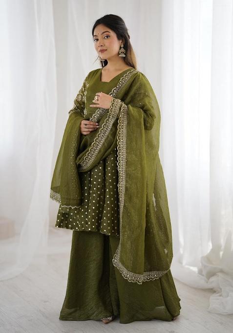 Green Embroidery Silk Anarkali Set
