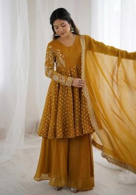 Mustard Embroidery Silk Anarkali Set