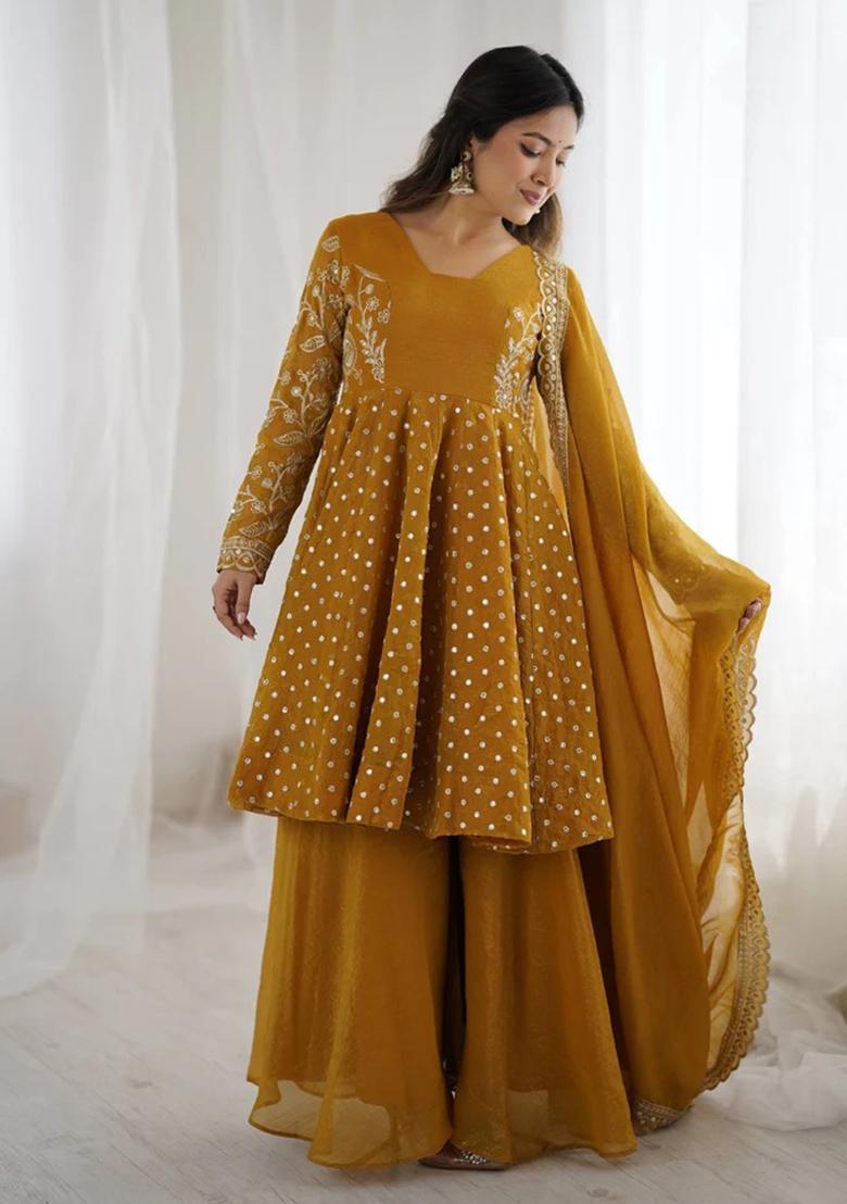 Mustard Embroidery Silk Anarkali Set - Indya