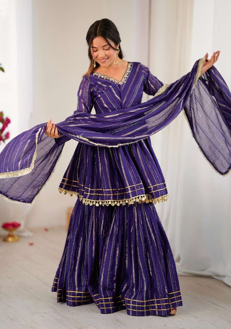 Dark Purple Mirror With Handwork Chanderi Sharara - Indya