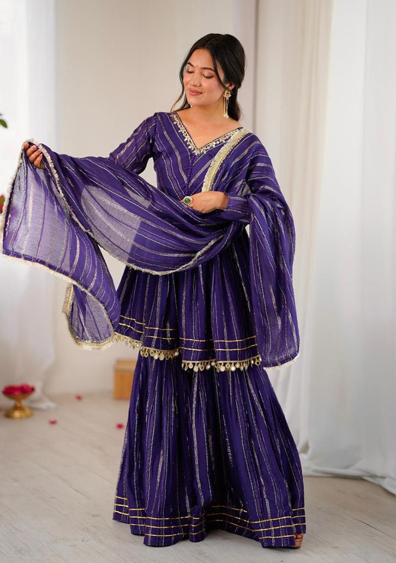 Dark Purple Mirror With Handwork Chanderi Sharara - Indya