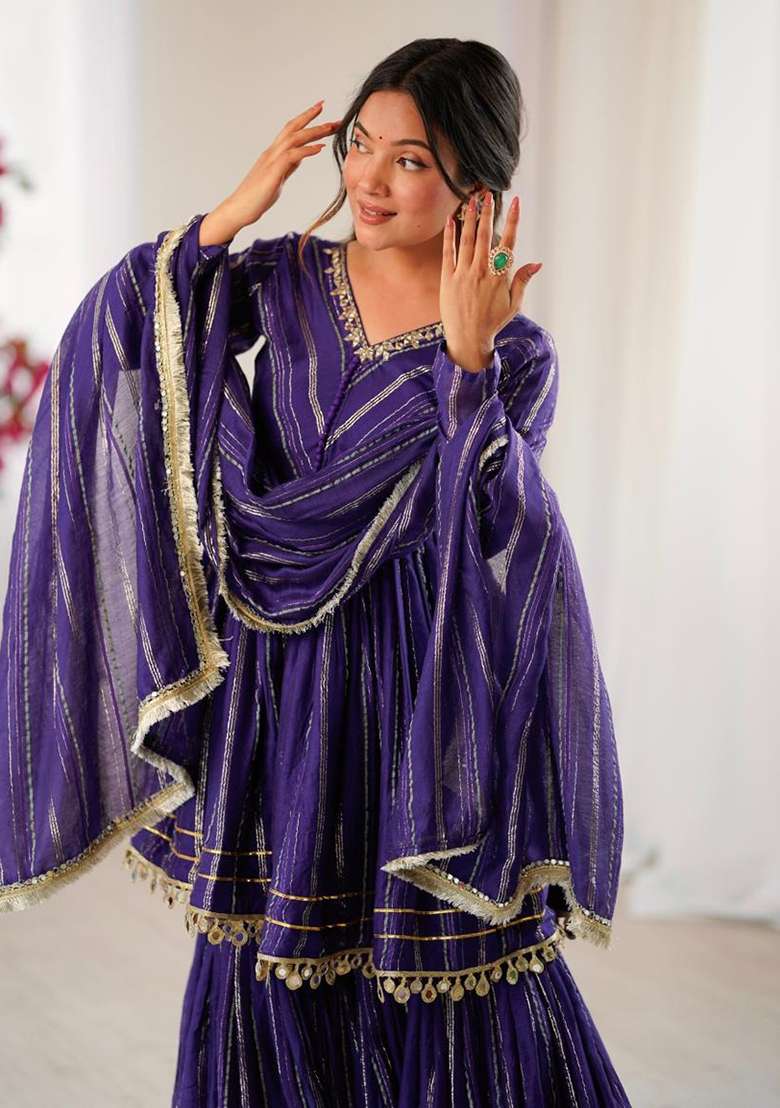 Dark Purple Mirror With Handwork Chanderi Sharara - Indya