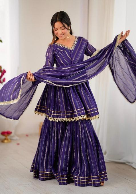 Dark Purple Mirror With Handwork Chanderi Sharara