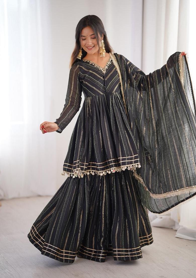 Black Mirror With Handwork Chanderi Sharara - Indya