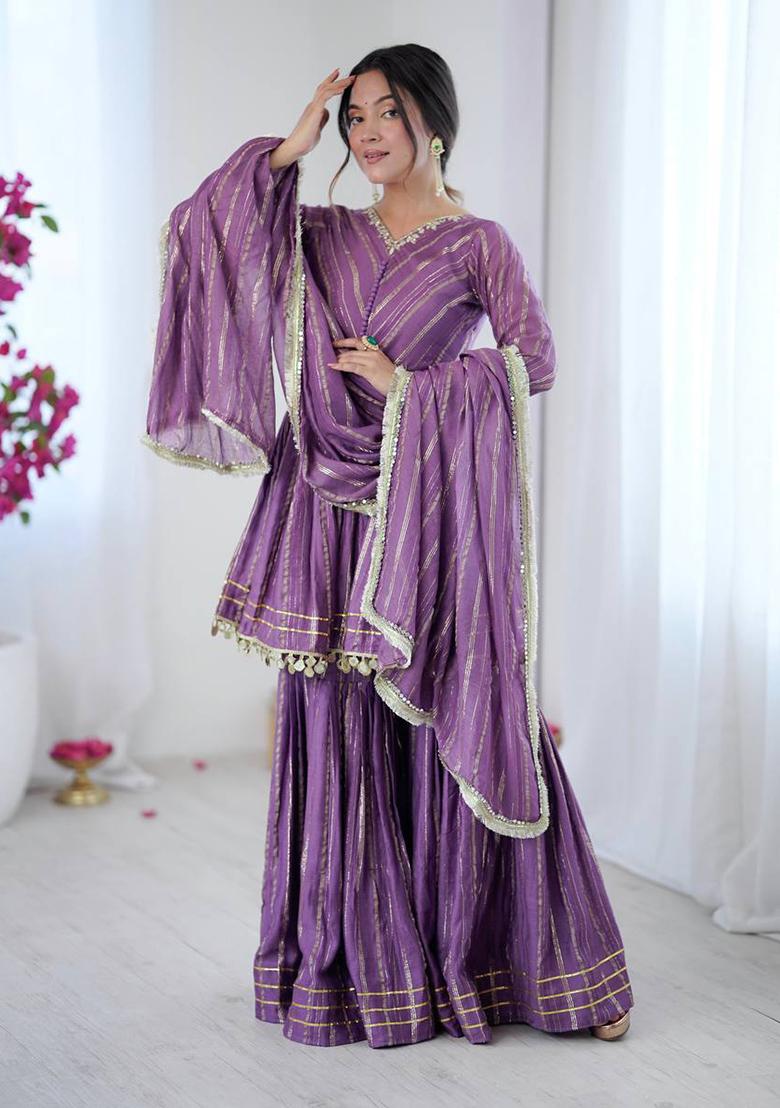 Light Purple Mirror With Handwork Chanderi Sharara - Indya