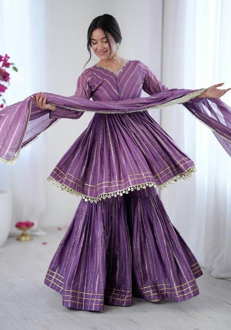 Light Purple Mirror With Handwork Chanderi Sharara