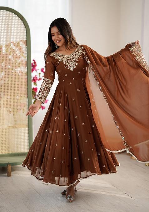 Brown Embroidery Blooming Faux Anarkali Set