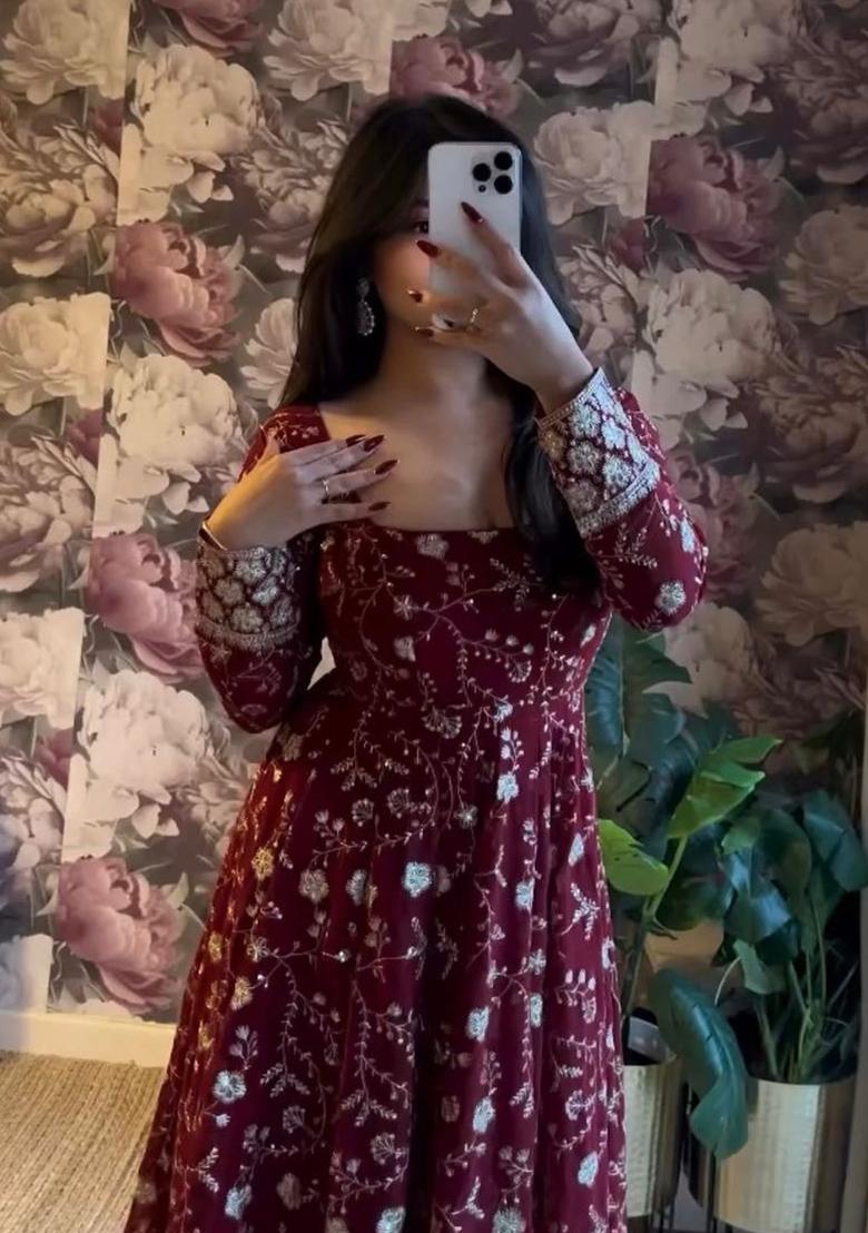 Maroon Embroidery Georgette Anarkali Set - Indya