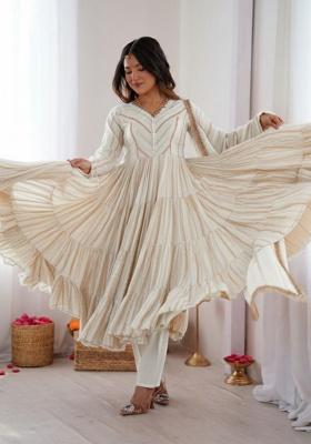 White Mirror With Handwork Chanderi Anarkali Set